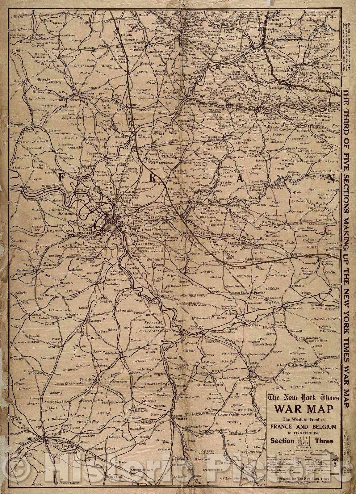 Historic Map : The New York Times War map : the western front in France and Belgium in Five Sections Section Three, 1917 , Vintage Wall Art