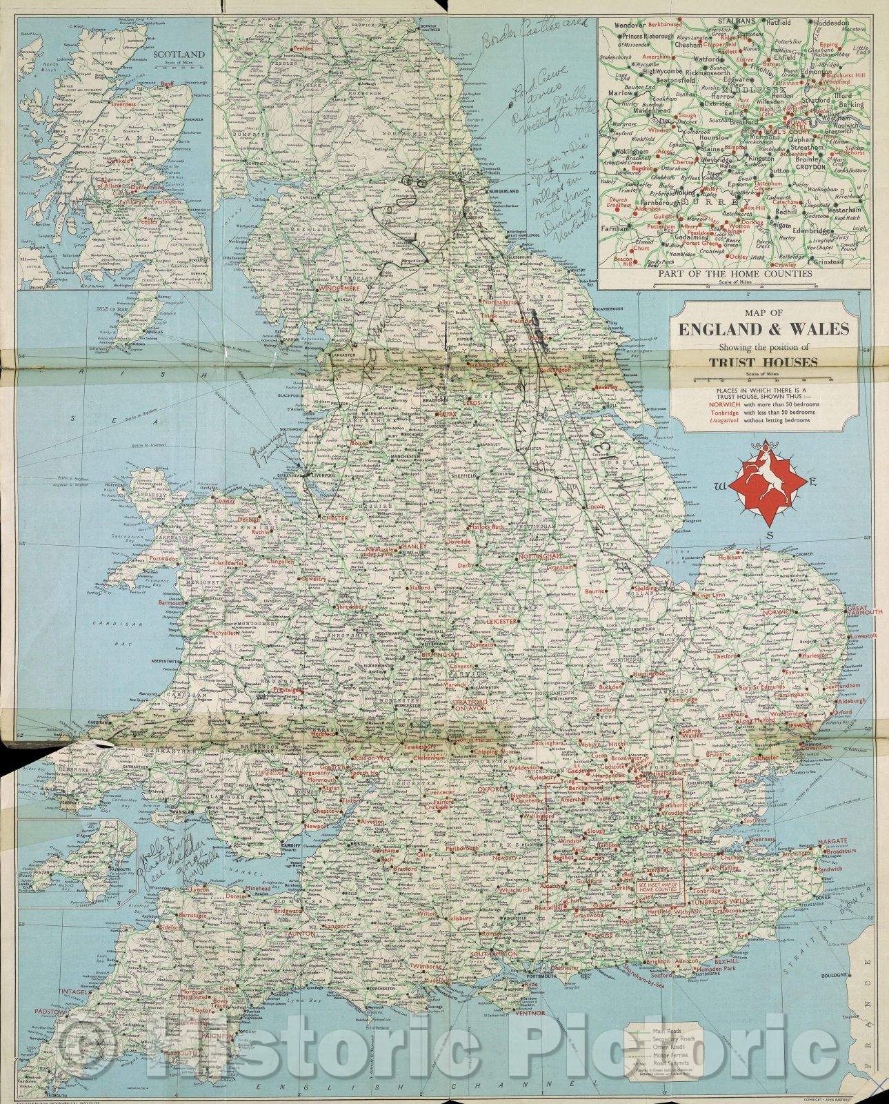 Historic Map : Map of England and Wales showing the position of Trust Houses, 1952 , Vintage Wall Art