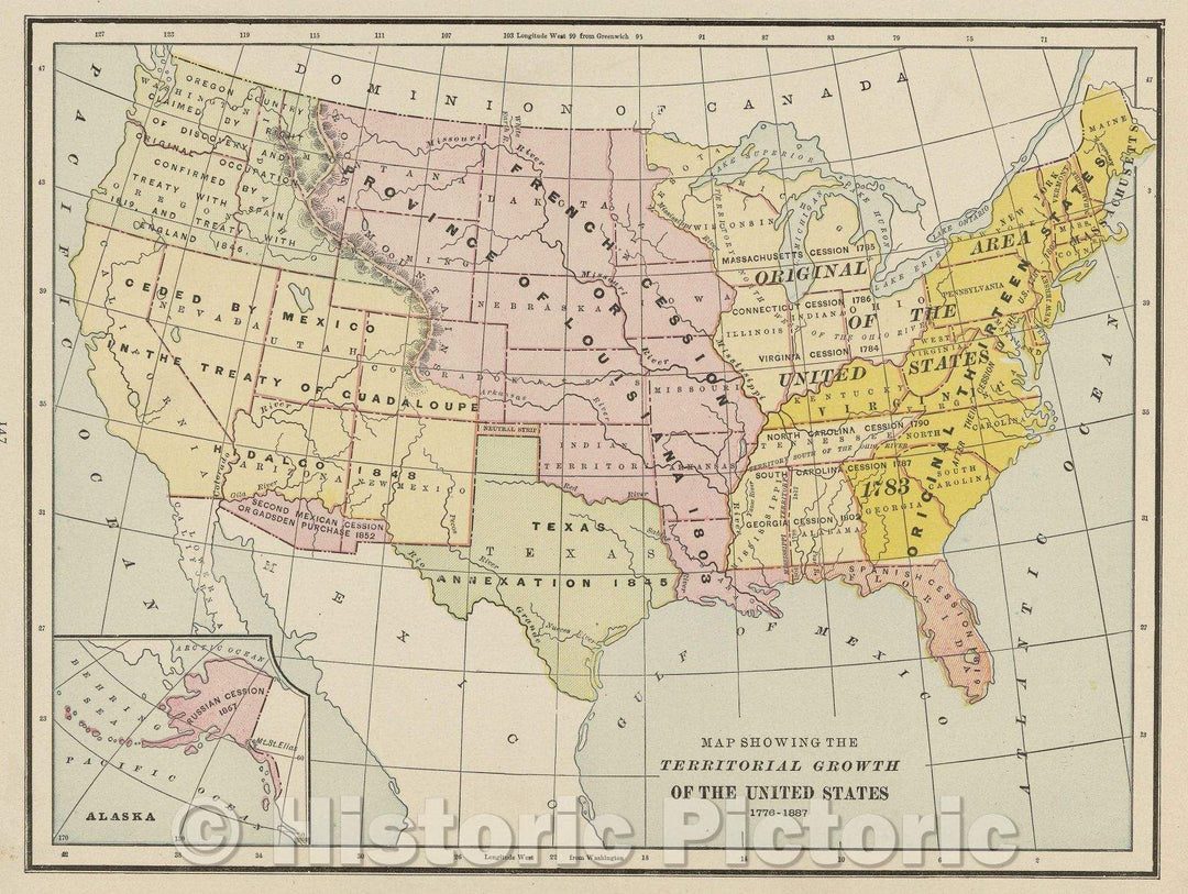 Historic Map : Map showing the Territorial Growth of the United States 1776-1887, 1888 , Vintage Wall Art