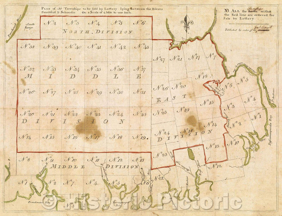 Historic Map : Plan of Fifty Townships to be sold by Lottery lying between the rivers Penobscot and Schoodic., 1786 , Vintage Wall Art