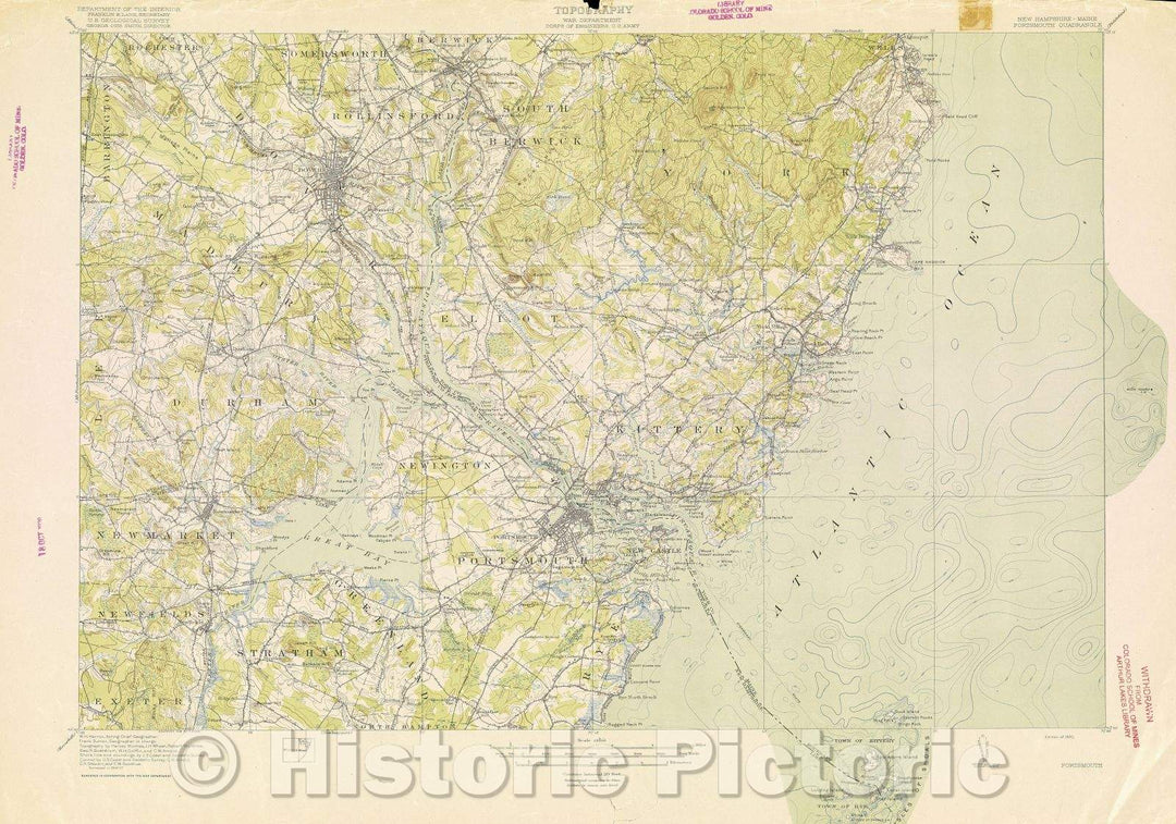 Historic Map : Topography : New Hampshire-Maine Portsmouth Quadrangle, 1920 , Vintage Wall Art