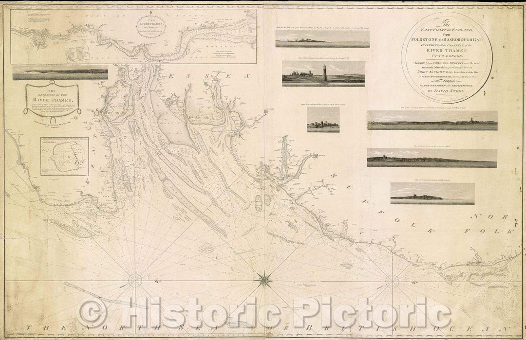 Historic Map : The East Coast of England, from Folkstone to Haboroughgat: including all the channels of the River Thames up to London., 1803 , Vintage Wall Art