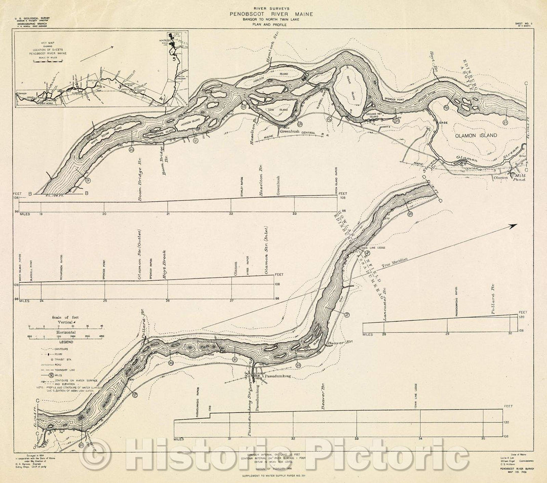 Historic Map : River Surveys : Penobscot River Maine, Bangor to North Twin Lake, Plan and Profile, 1906 , Vintage Wall Art , v4