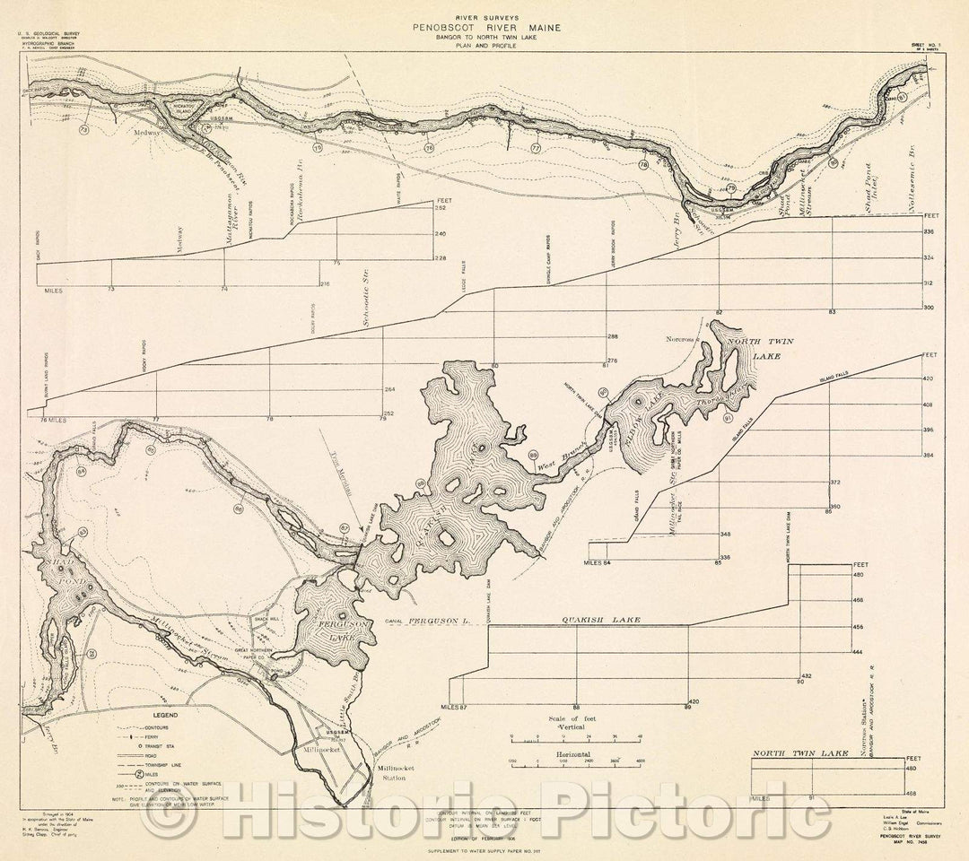 Historic Map : River Surveys : Penobscot River Maine, Bangor to North Twin Lake, Plan and Profile, 1906 , Vintage Wall Art