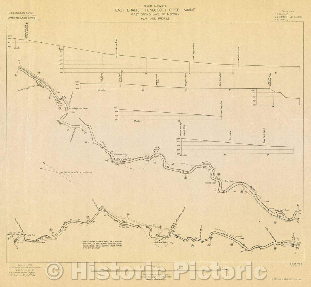 Historic Map : River Surveys : East Branch Penobscot River Maine, First Grand Lake to Medway, Plan and Profile, 1908 , Vintage Wall Art , v2