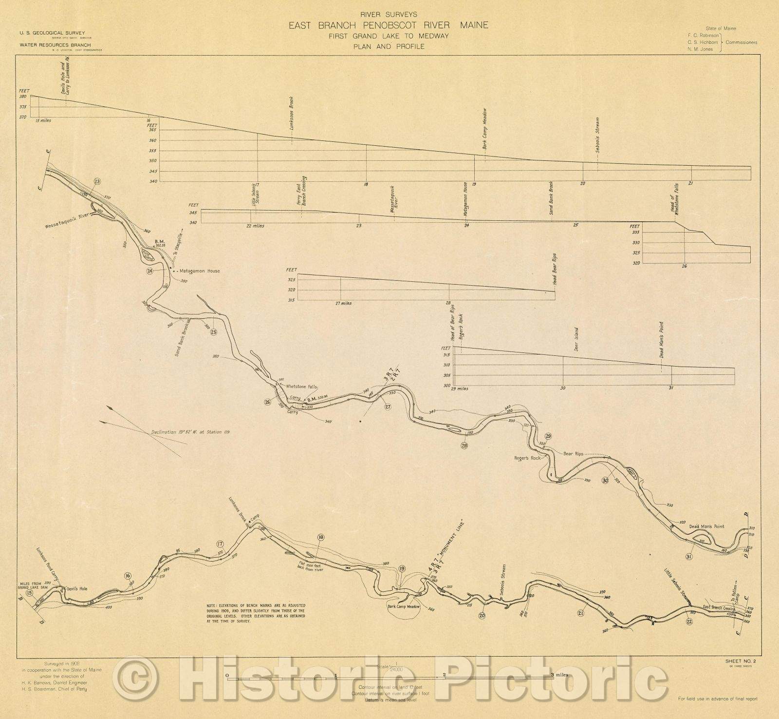 Historic Map : River Surveys : East Branch Penobscot River Maine, First Grand Lake to Medway, Plan and Profile, 1908 , Vintage Wall Art , v2