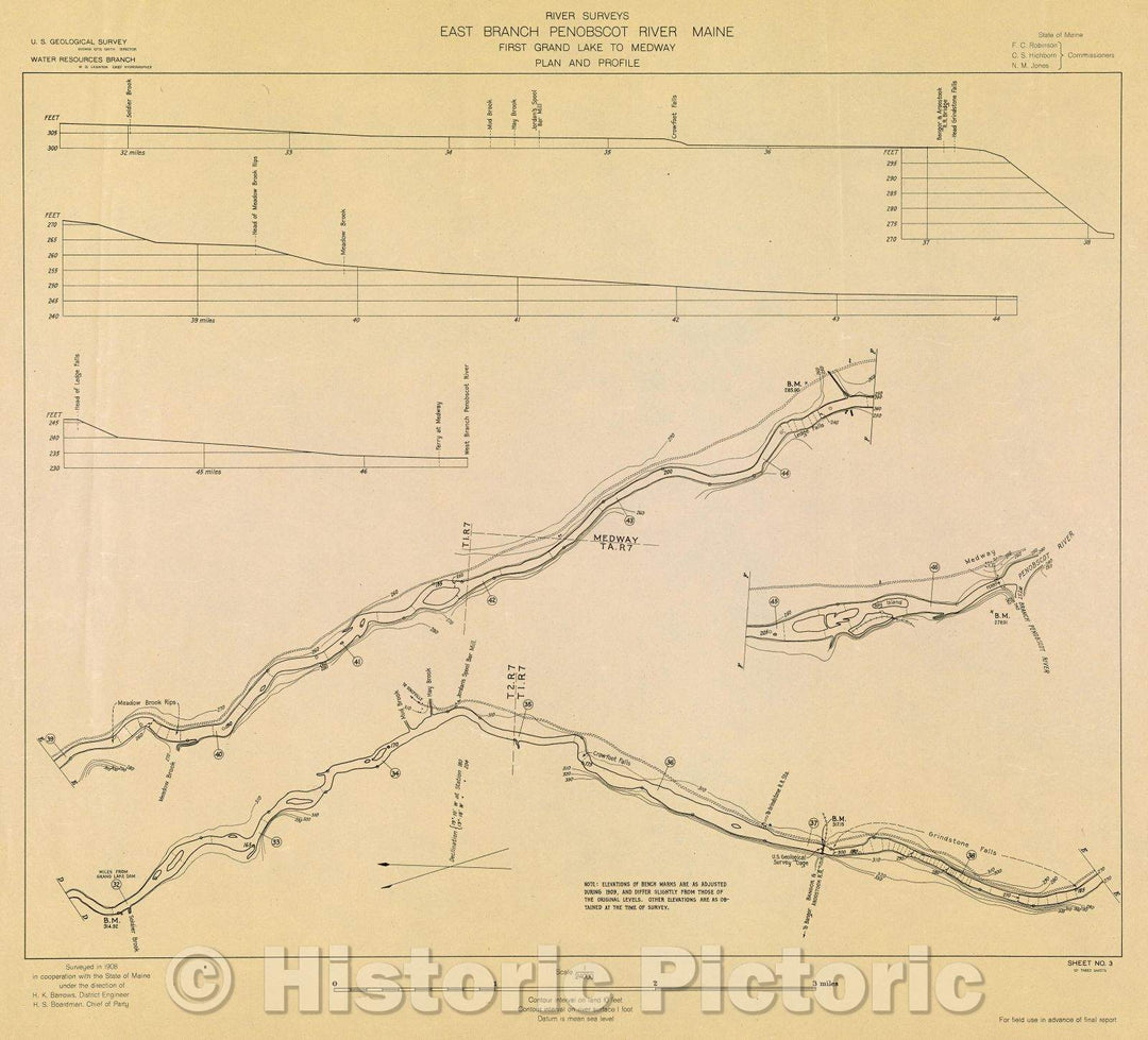 Historic Map : River Surveys : East Branch Penobscot River Maine, First Grand Lake to Medway, Plan and Profile, 1908 , Vintage Wall Art