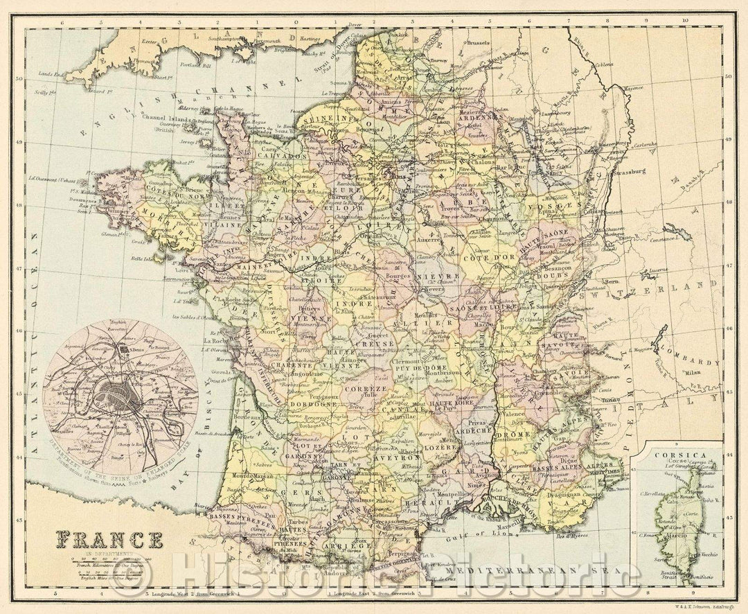 Historic Map : France, c. 1882 , Vintage Wall Art