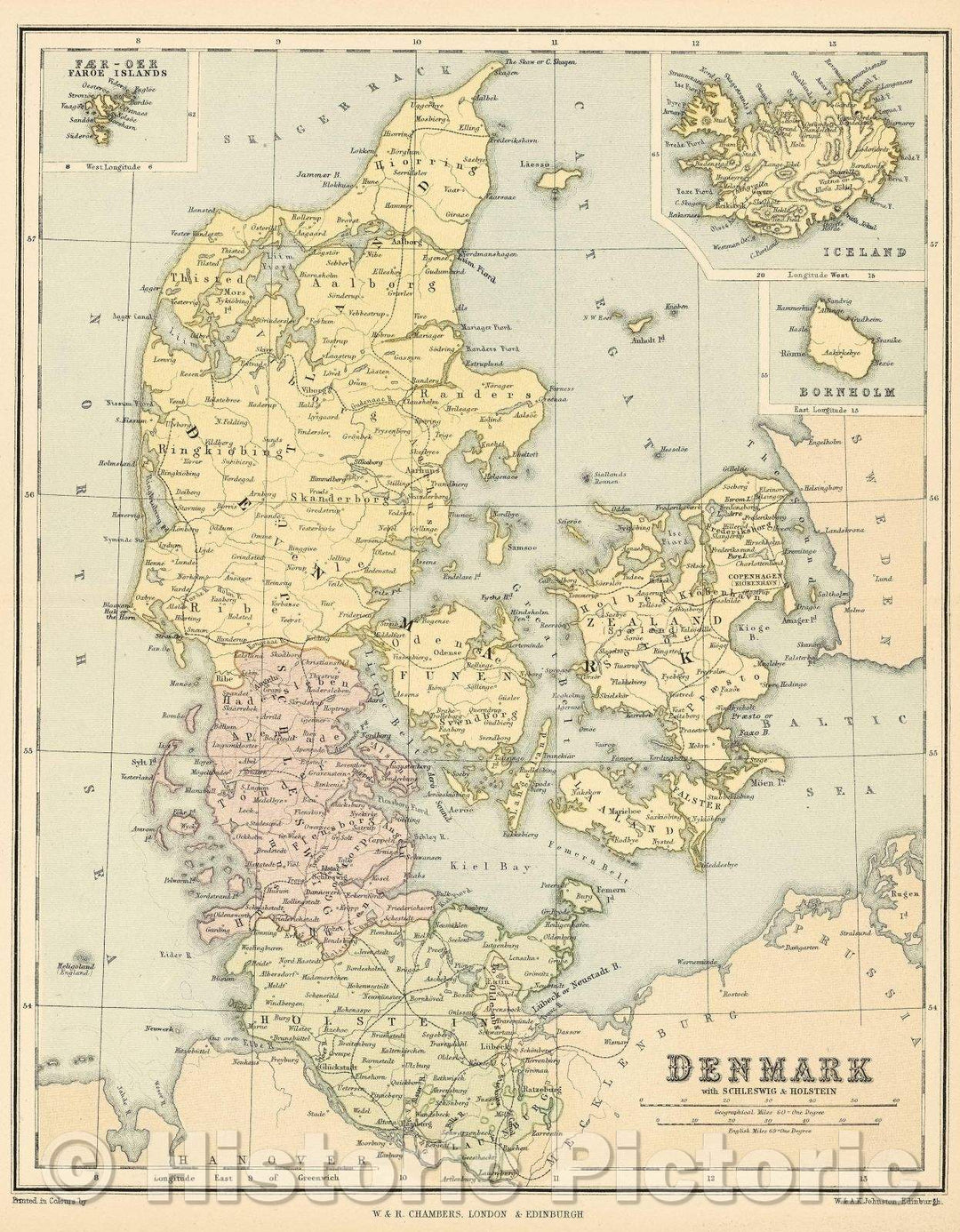 Historic Map : Denmark with Schleswig and Holstein, c. 1882 , Vintage Wall Art