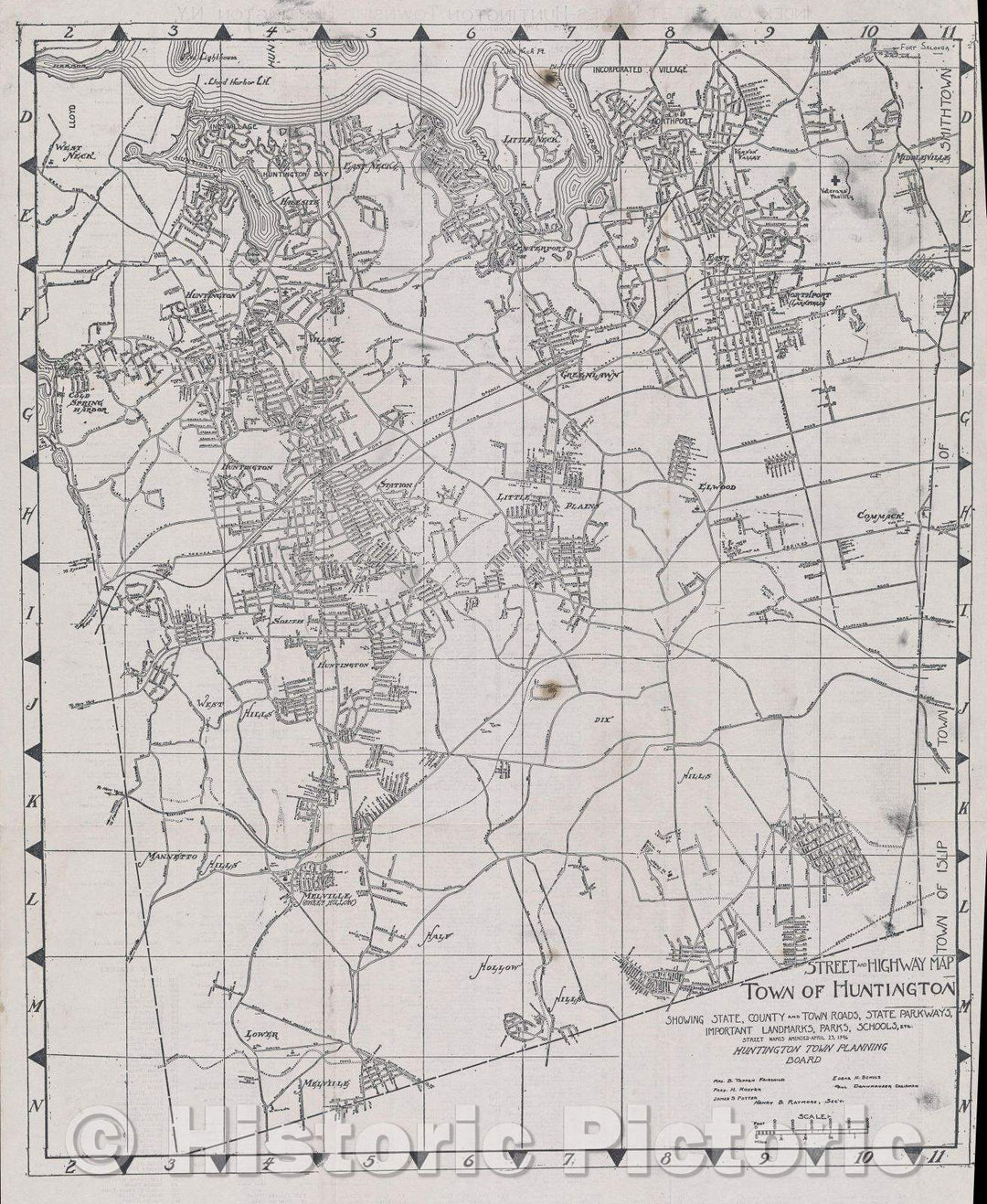 Historic Map : Street and highway map town of Huntington showing state, county and town roads, state parkways, important landmarks, parks, schools, etc., 1946 , Vintage Wall Art