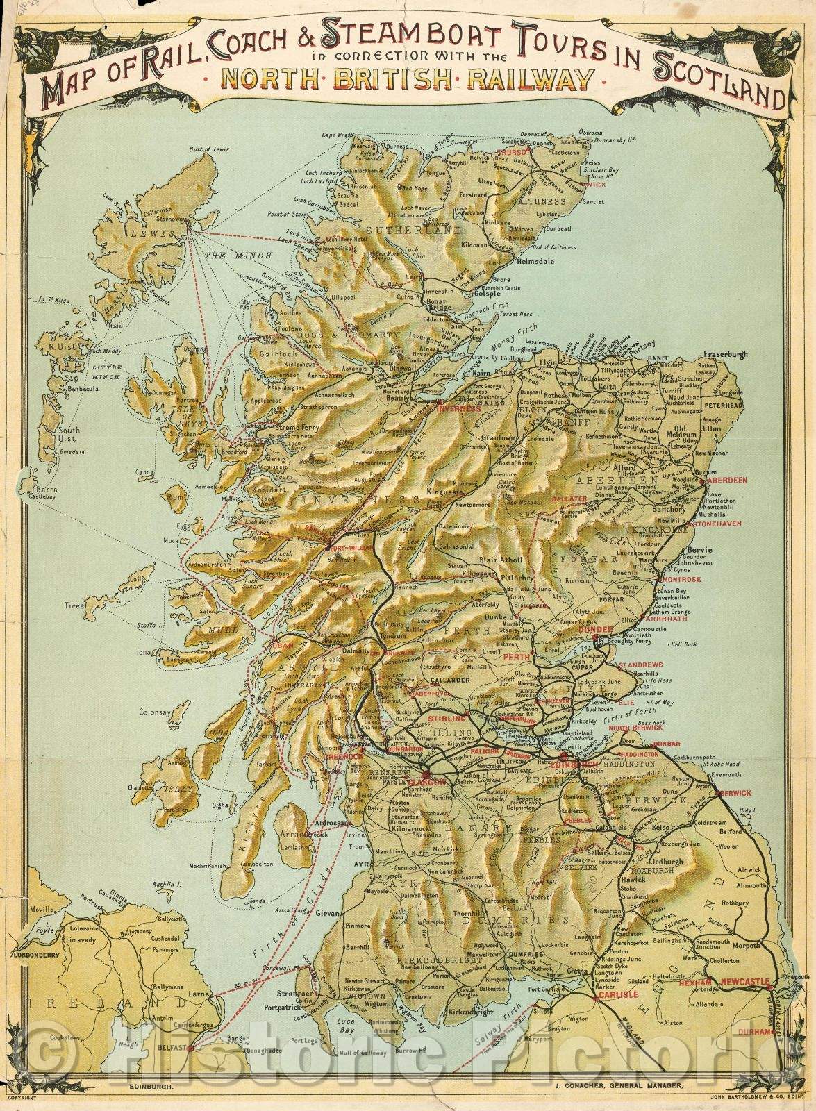 Historic Map : Map of rail, coach and steamboat tours in Scotland in connection with the North British Railway., 1909 , Vintage Wall Art