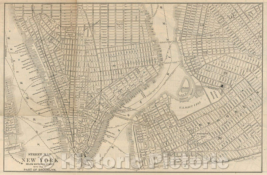 Historic Map : Street Map of New York below Sixteenth Street, with view of part of Brooklyn., c. 1910 , Vintage Wall Art