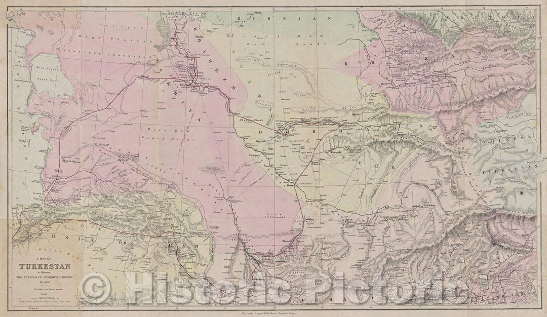 Historic Map : A Map of Turkestan to Illustrate the Travels of Arminius Vambe?ry in 1863, 1865 , Vintage Wall Art