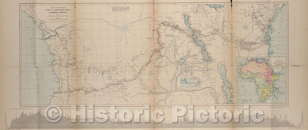 Historic Map : Map illustrating Com'r V.L. Cameron's route across Africa, 1873-5 compiled from his original documents by W.J. Turner, 1877 , Vintage Wall Art