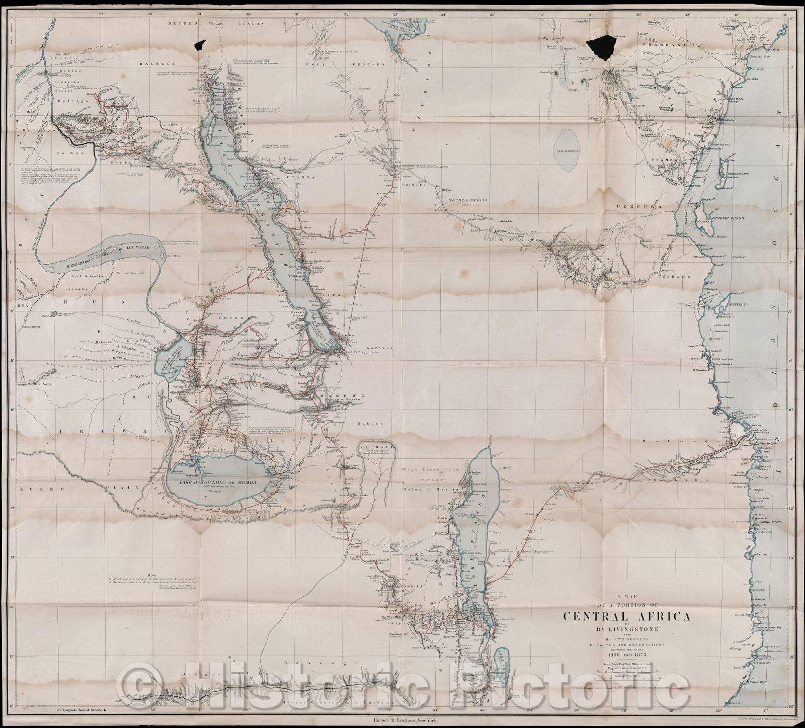 Historic Map : A map of a portion of central Africa by Dr. Livingstone from his own surveys, drawings, and observations between the years 1866 and 1873, 1875 , Vintage Wall Art