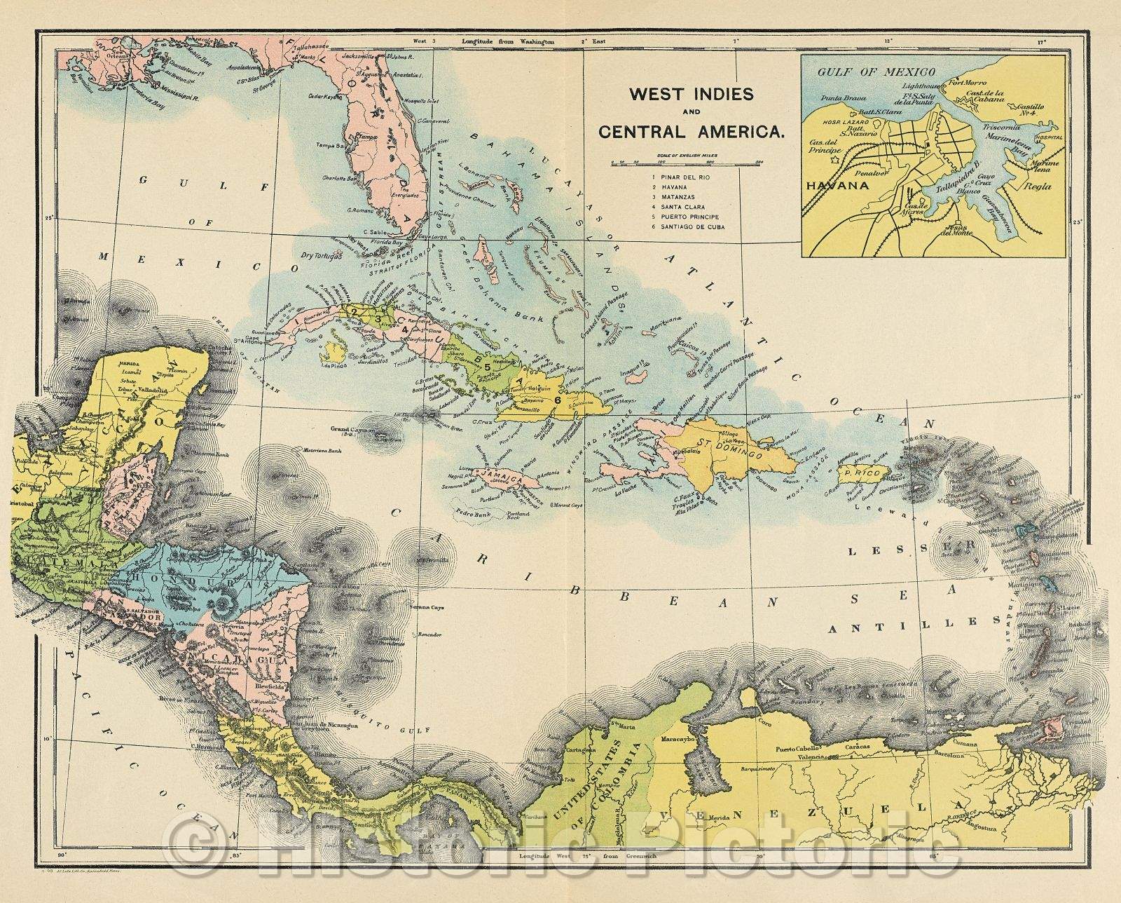 Historic Map : West Indies and Central America, 1898 , Vintage Wall Art