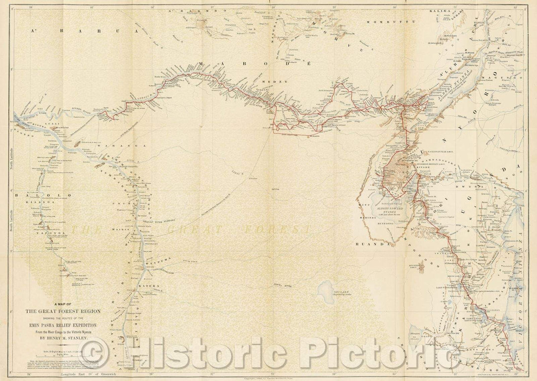 Historic Map : A Map of the Great Forest Region showing the routes of the Emin Pasha Relief Expedition from the River Congo to Victoria Nyanza., 1890 , Vintage Wall Art