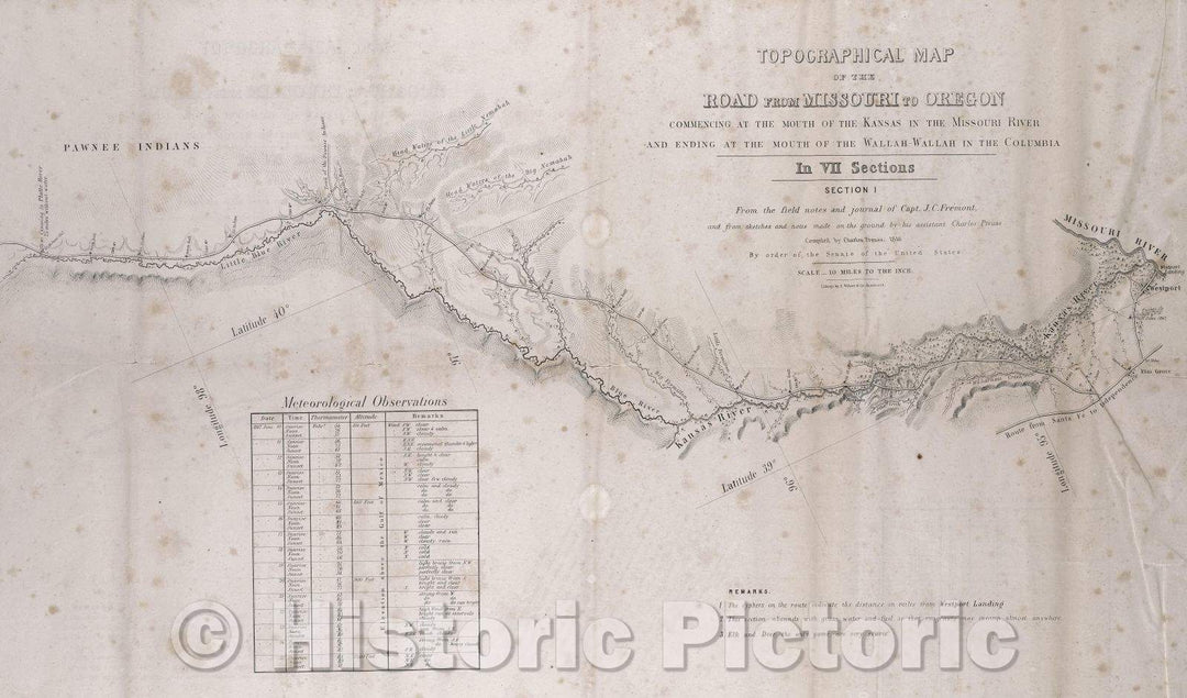 Historic Map : Topographical map of the road from Missouri to Oregon, commencing at the mouth of the Kansas in the Missouri River and ending at the mouth of the Wall, 1846 , Vintage Wall Art