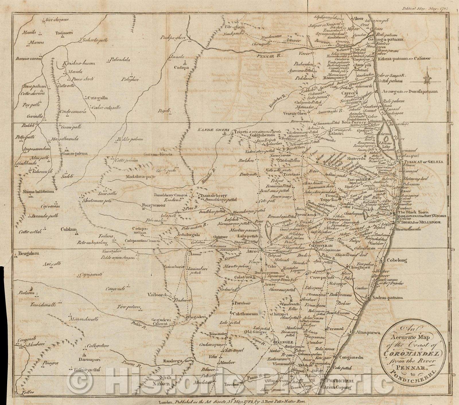 Historic Map : An Accurate map of the coast of Coromandel from the River Pennar to Pondicherri., 1782 , Vintage Wall Art