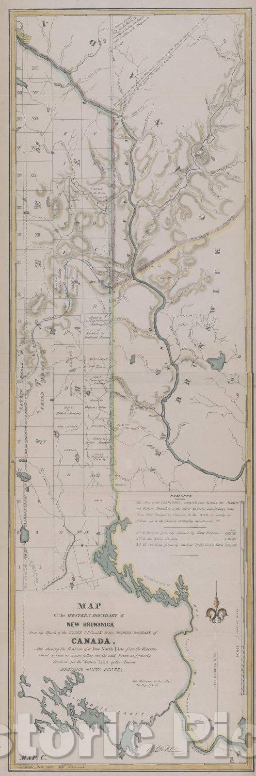 Historic Map : Map of the western boundary of New Brunswick from the mouth of the River St. Croix to the southern boundary of Canada, 1845 , Vintage Wall Art