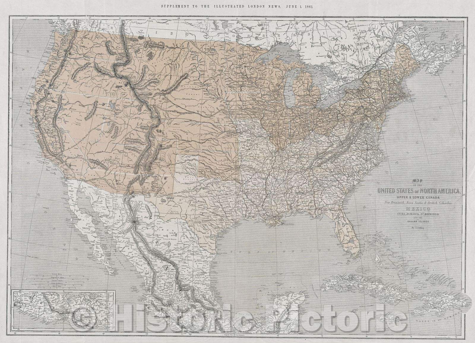 Historic Map : Map of the United States of North America, Upper and Lower Canada, New Brunswick, Nova Scotia and British Columbia, Mexico, Cuba, Jamaica, 1861 , Vintage Wall Art