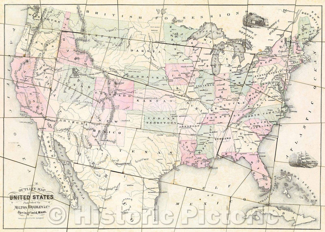 Historic Map : Dissected Outline Map of the United States of America, Vintage Wall Art