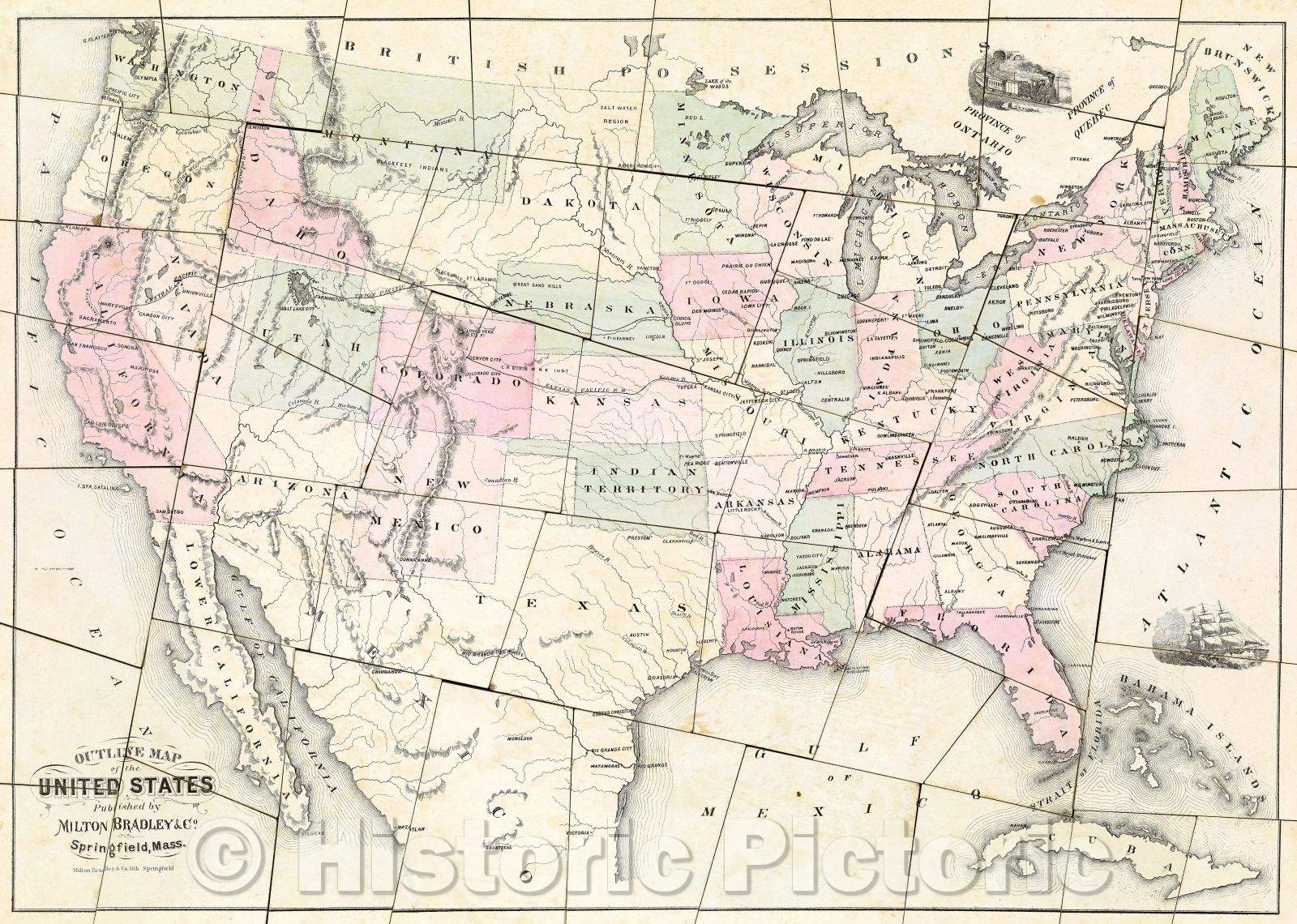 Historic Map : Dissected Outline Map of the United States of America, Vintage Wall Art