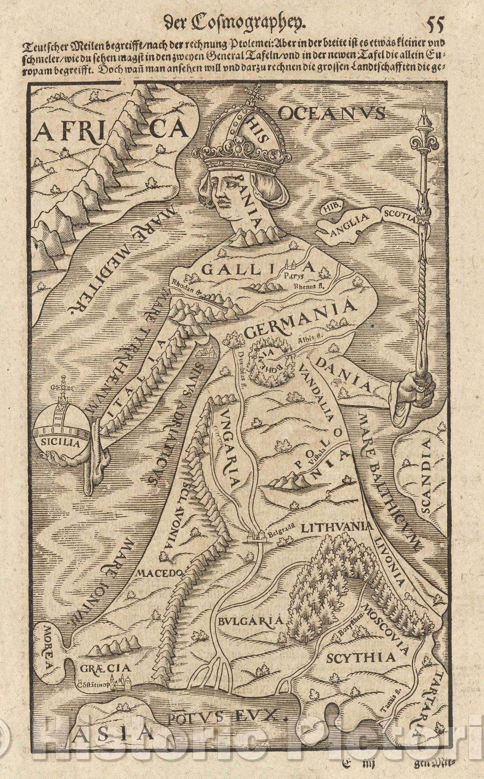 Historic Map : Untitled Europe in the form of a woman, 1550 , Vintage Wall Art