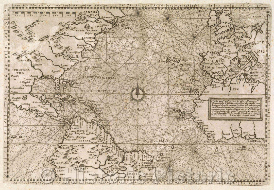 Historic Map : Map of Atlantic Ocean and parts of North and South America, 1565 , Vintage Wall Art