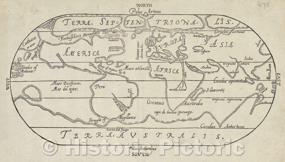 Historic Map : Untitled oval map of the world, 1578 , Vintage Wall Art