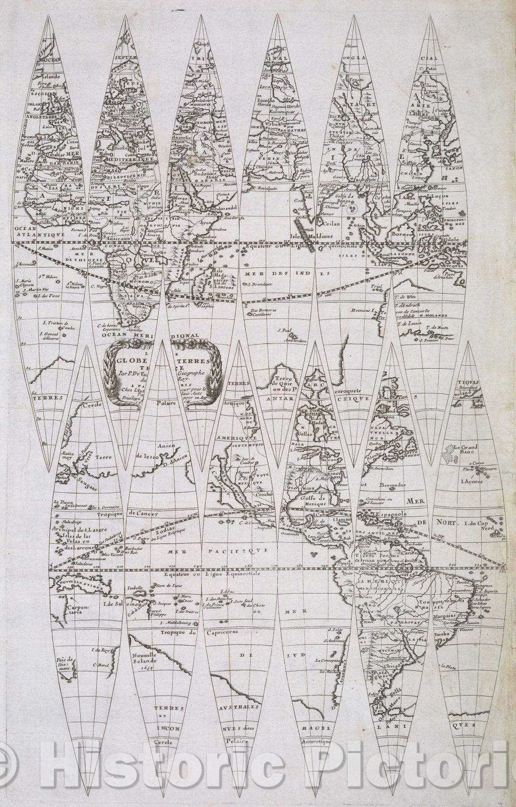 Historic Map : Le Globe Terres tre par P. Du Val Geographe du Roy A Paris chez l'Auteur Pres le Palais Avec Privilege pour 20 Ans., 1666 , Vintage Wall Art