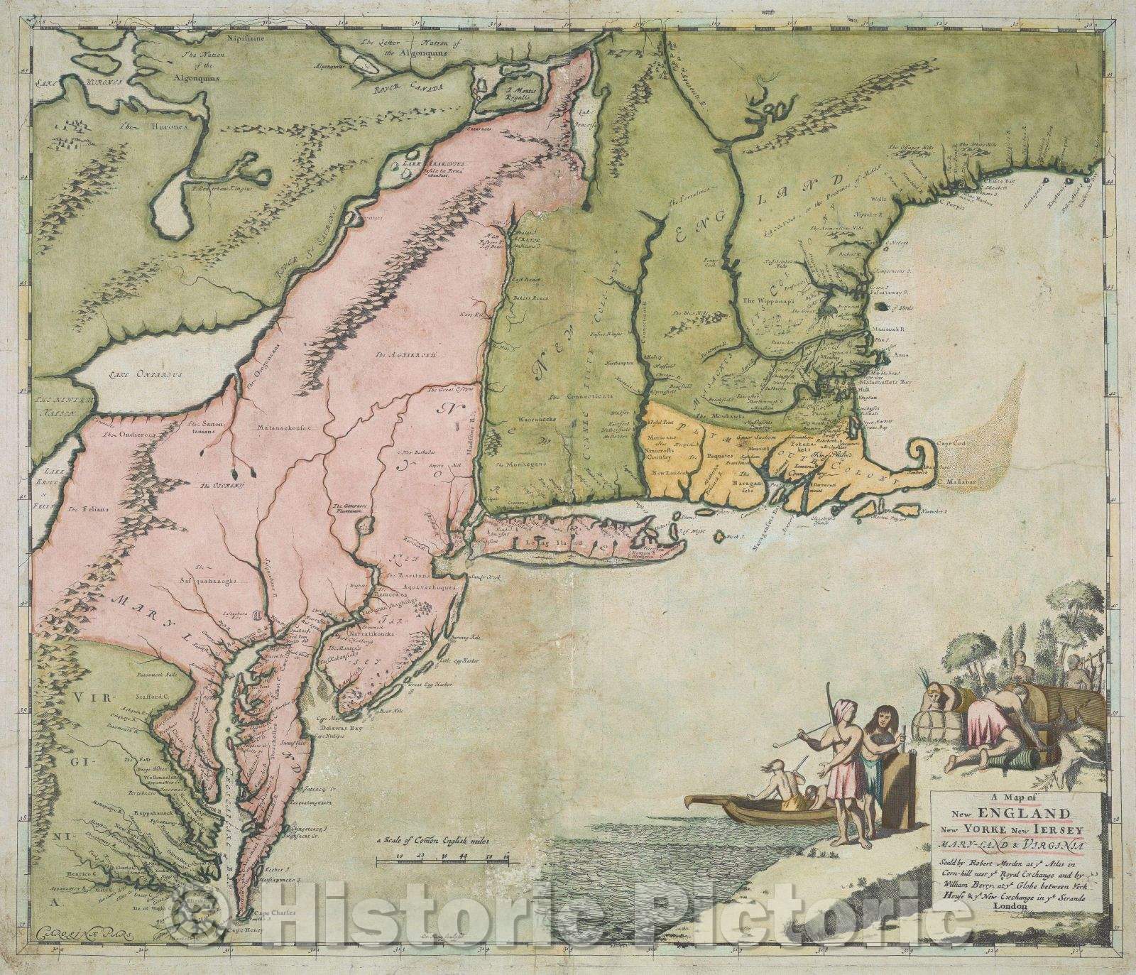 Historic Map : A Map of New England New York New Jersey Maryland and Virginia sould by Robert Morden at ye Atlas in Corn-Hill, 1676 , Vintage Wall Art