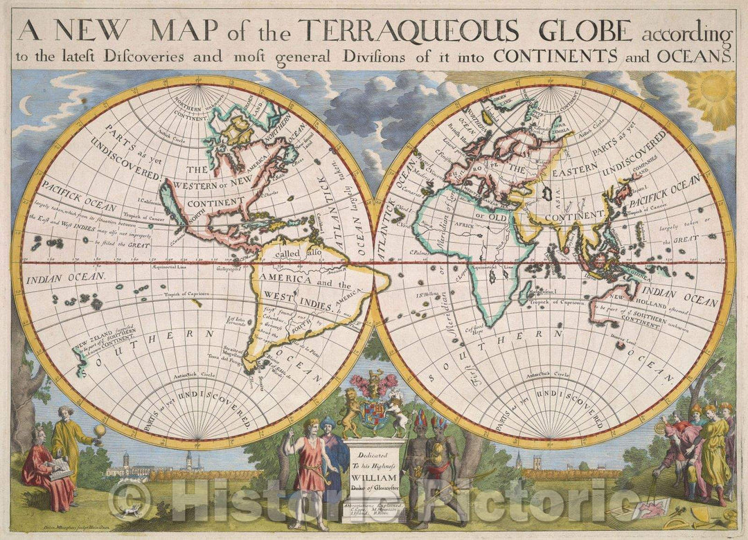 Historic Map : A New Map of the Terraqueous Globe according to that latest Discoveries and most general Divisions of it into Continents and Oceans., 1701 , Vintage Wall Art