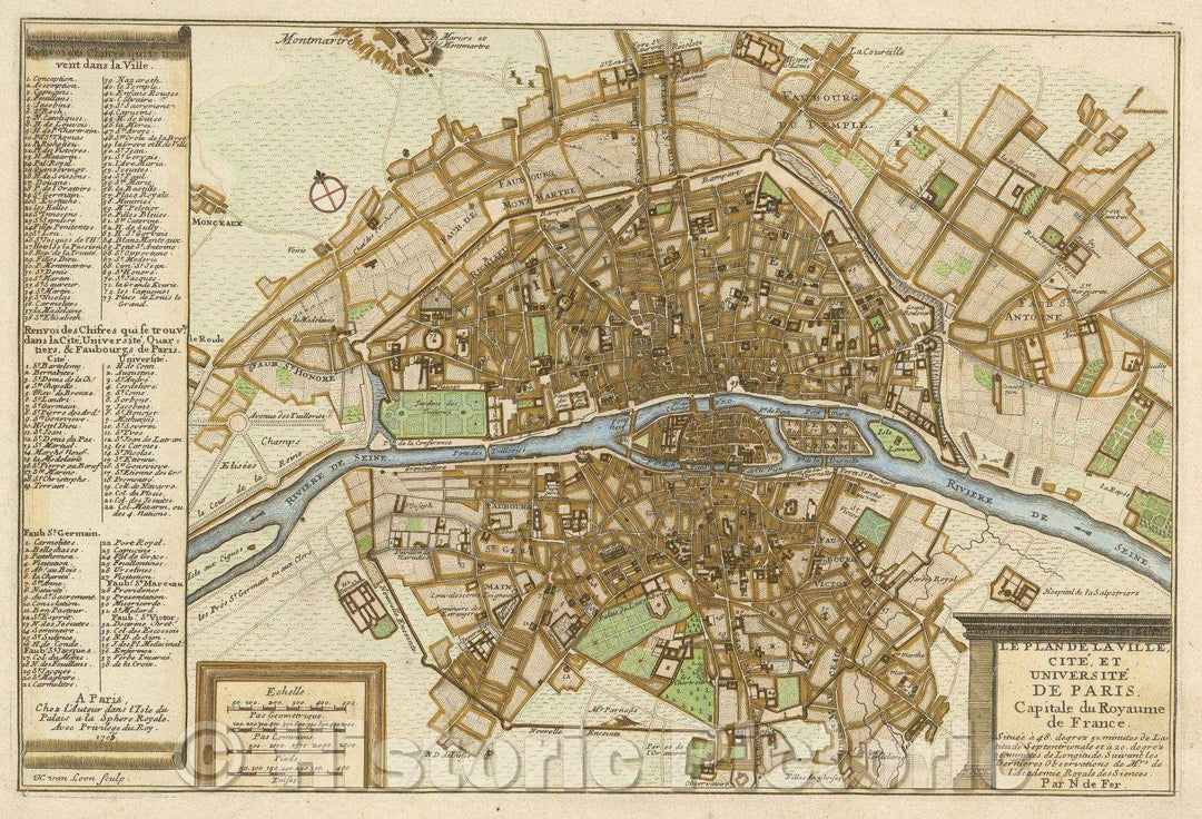 Historic Map : Le Plan de la Ville, Cite, et Universite de Paris. Capitale du Royaume de France. Situez a 48. degrez 51. minutes de Latitude Septentrionale et a 20, 1705 , Vintage Wall Art