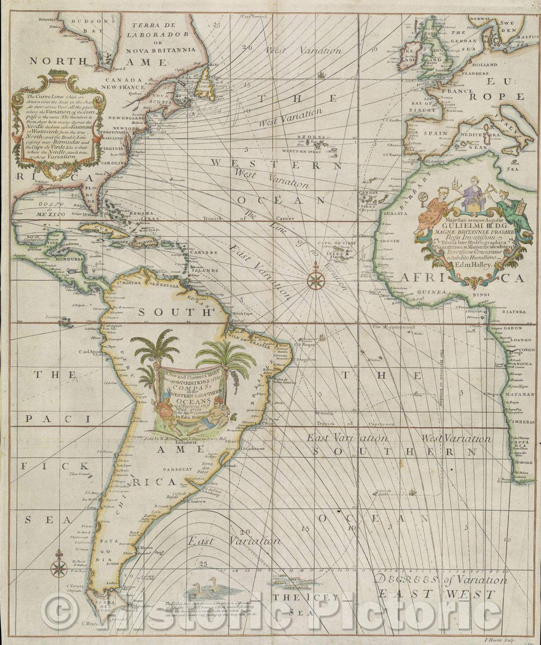 Historic Map : A New and Correct Chart shewing the Variations of the Compass in the Western and Southern Oceans, 1706 , Vintage Wall Art