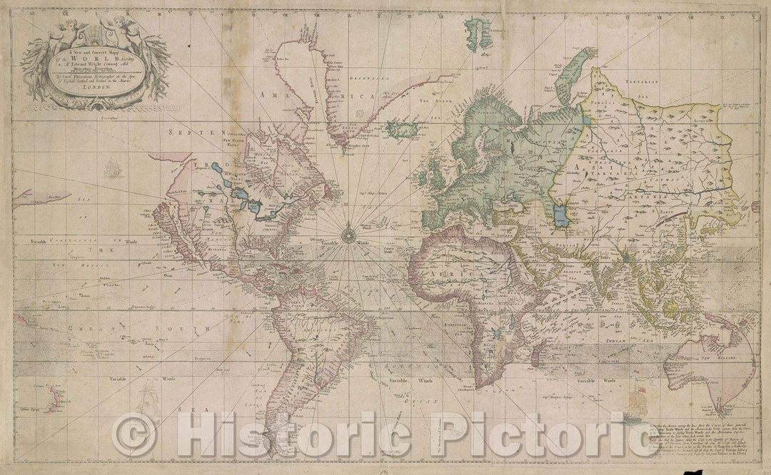 Historic Map : A New and Correct Mapp of the World according to M. r Edward Wright commonly called Mercator's Projection. With a view of the winds and variation, 1708 , Vintage Wall Art