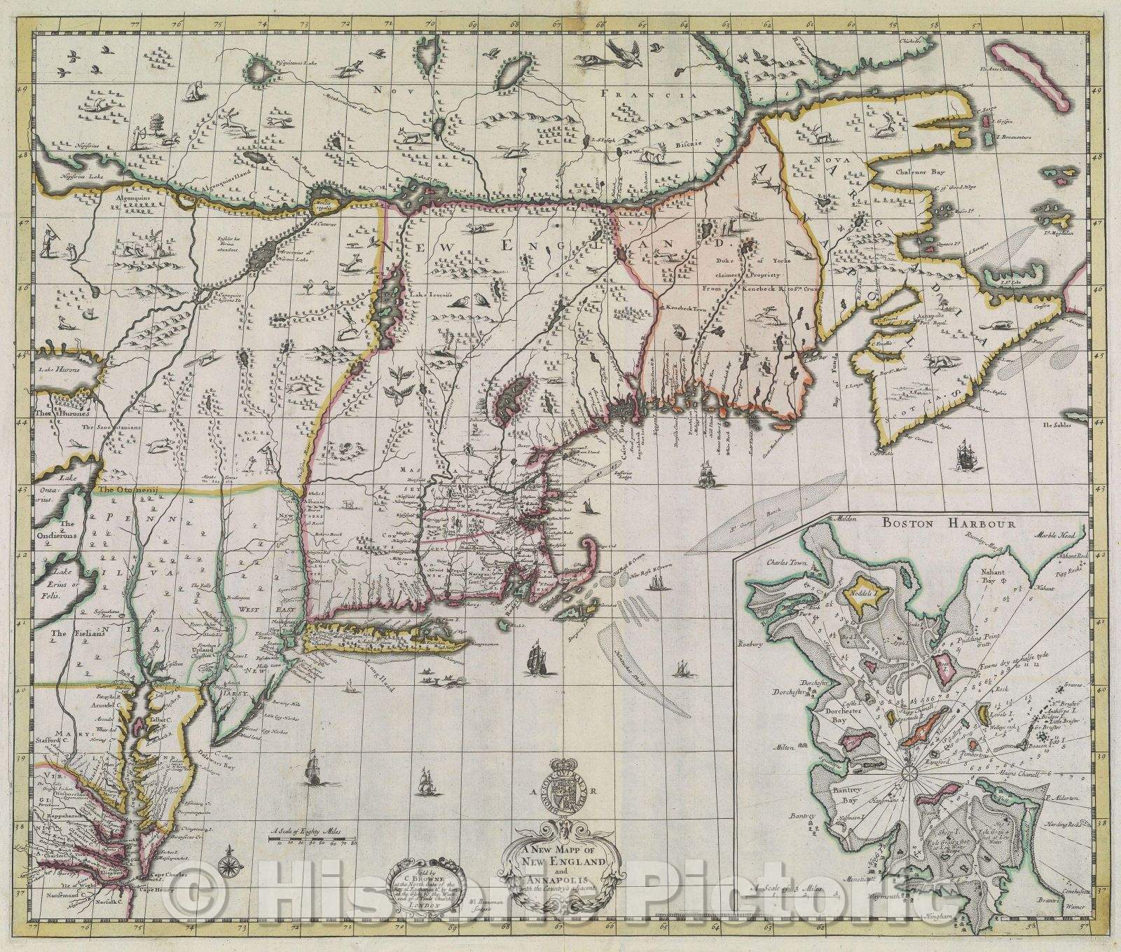 Historic Map : A New Mapp of New England and Annapolis with the Country's adjacent, c. 1714 , Vintage Wall Art