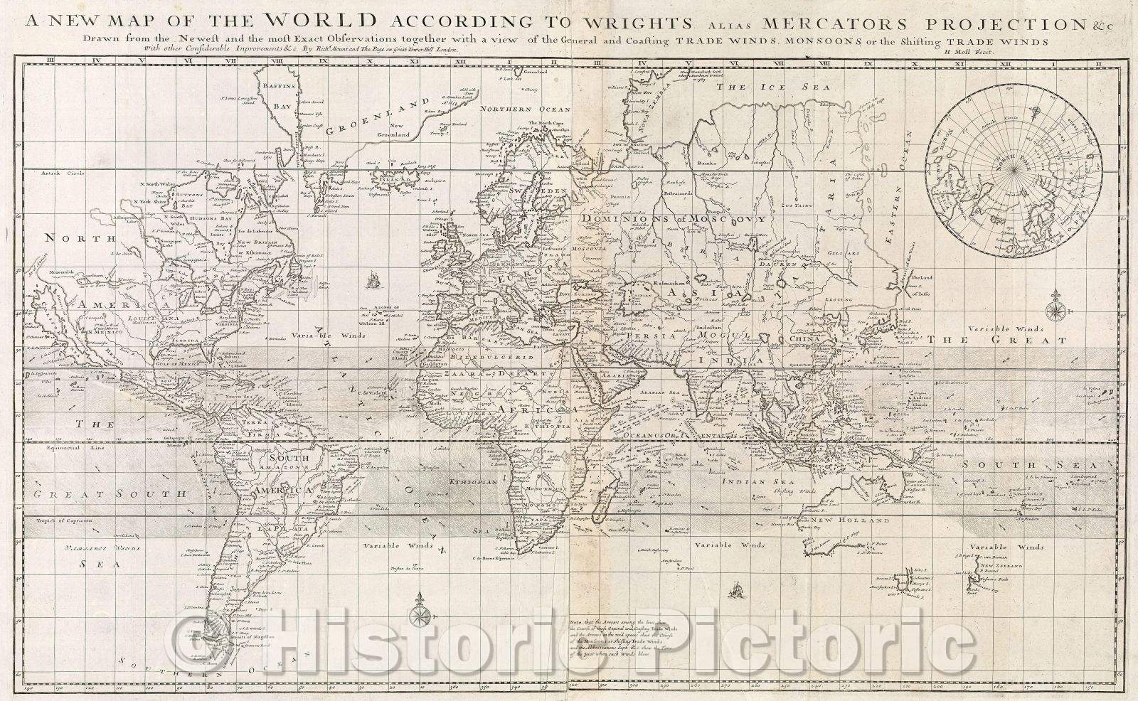 Historic Map : A New Map of the World according to Wrights alias Mercators Projection andc drawn from the Newest and the most Exact Observations, 1716 , Vintage Wall Art