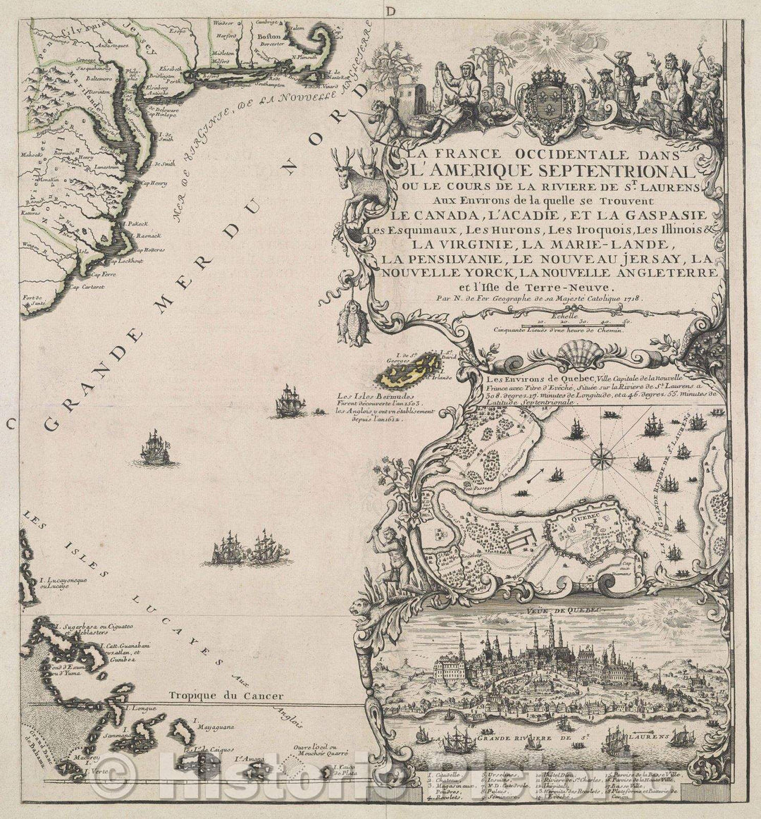 Historic Map : La France Occidentale dans L'Amerique Septentrional ou le cours de la Riviere de St. Laurens aux Environs de la quelle se Trouvent Le Canada, 1718 , Vintage Wall Art , v2