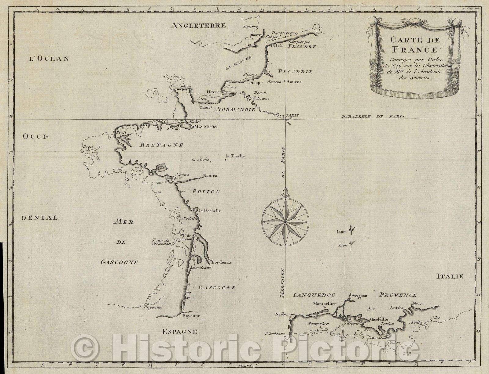 Historic Map : Carte de France Corrigee par Ordre du Roy sur les Observations de Mss. de l'Academie des Sciences., 1729 , Vintage Wall Art