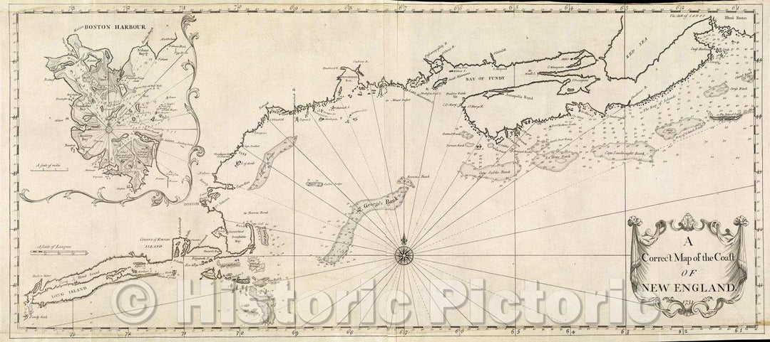 Historic Map : A Correct Map of the Coast of New England. 1731, 1731 , Vintage Wall Art