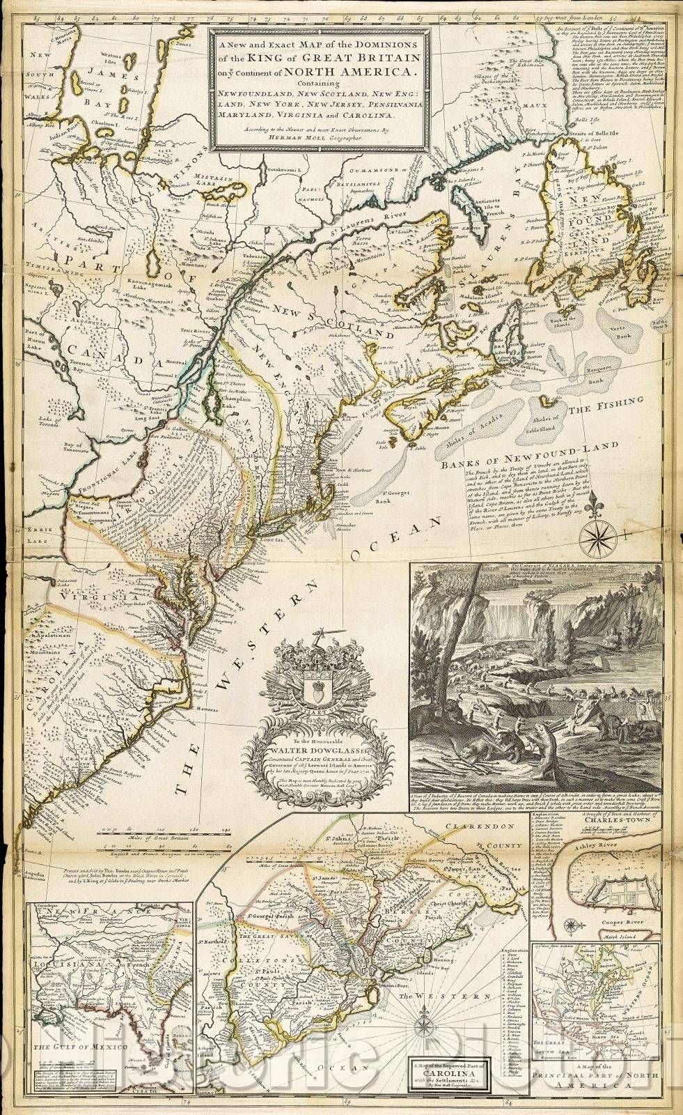 Historic Map : A New and Exact Map of the Dominions of the King of Great Britain on ye Continent of North America. Containing Newfoundland, New Scotland, New England, 1732 , Vintage Wall Art