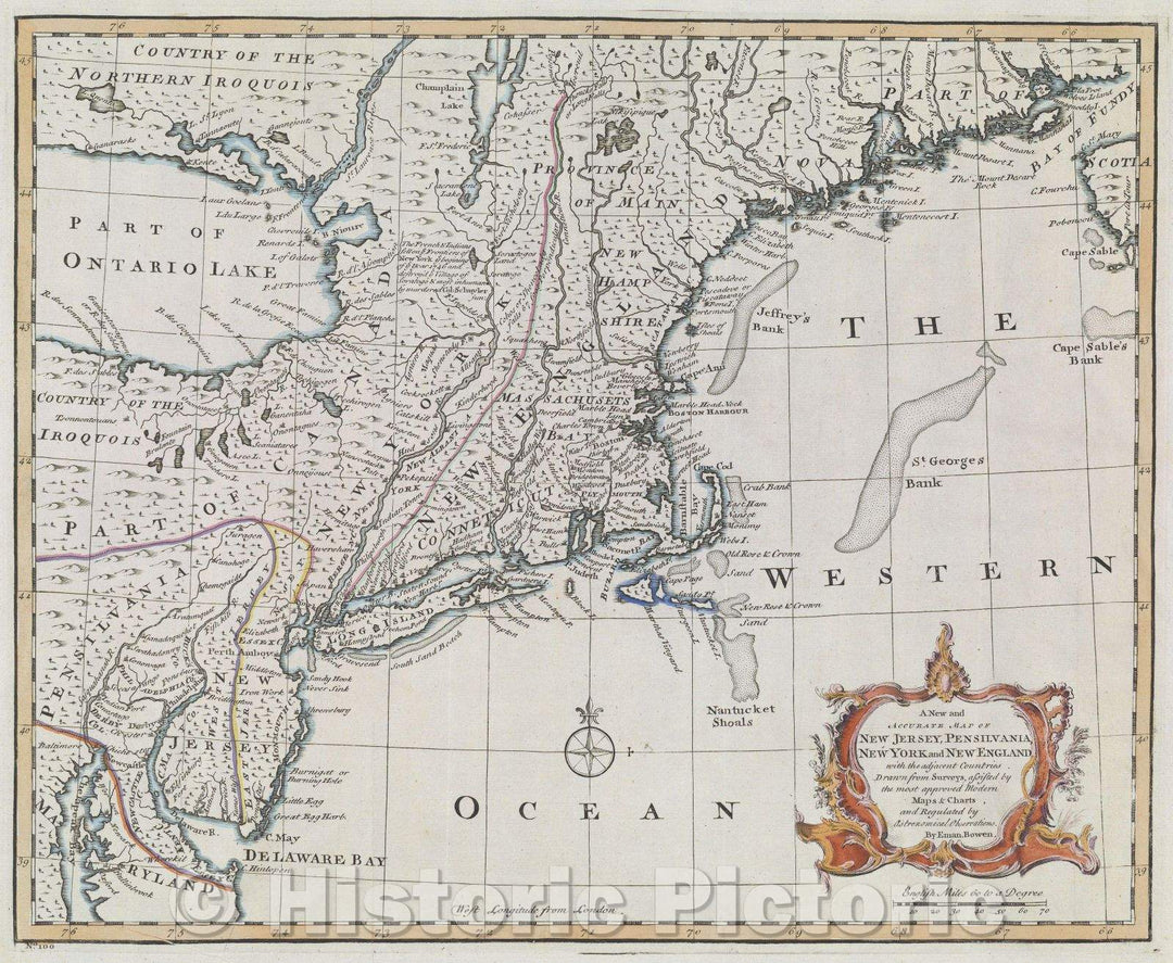 Historic Map : A New and Accurate Map of New Jersey, Pensilvania, New York and New England with the adjacent Countries. Drawn from surveys, 1752 , Vintage Wall Art