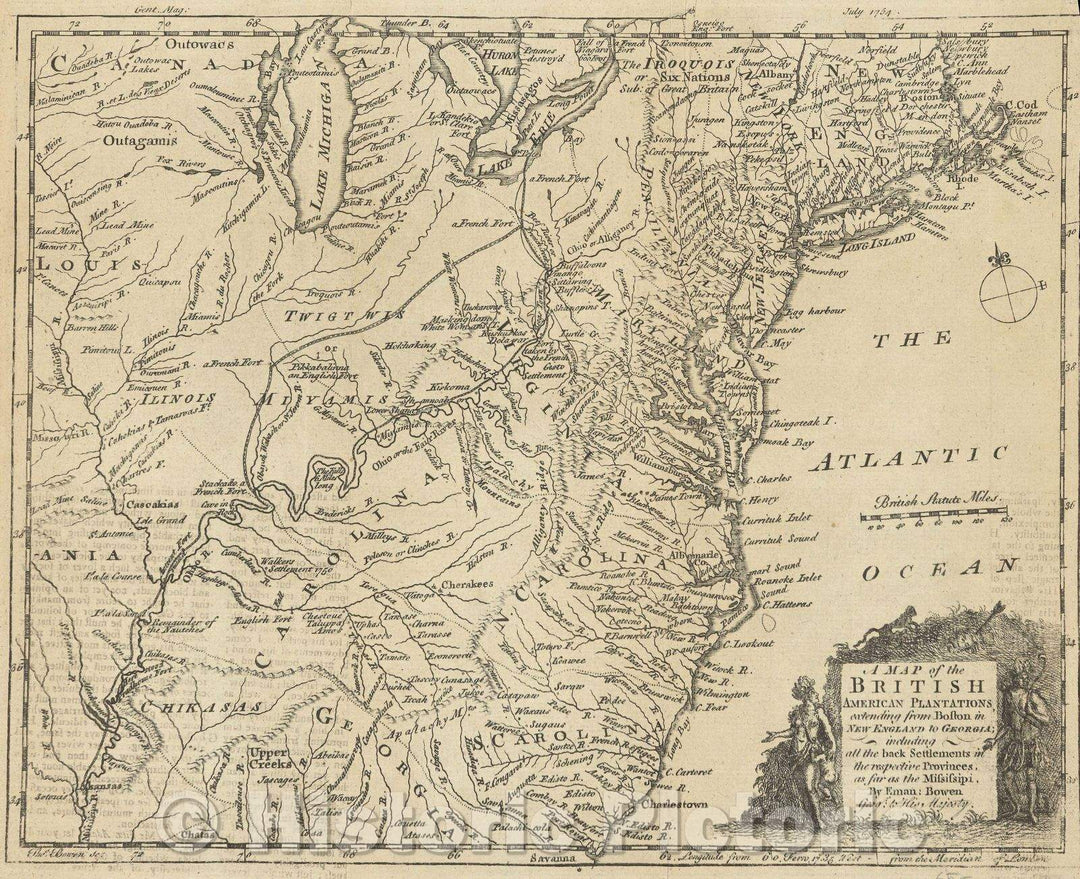 Historic Map : A map of the British American plantations, extending from Boston in New England to Georgia, 1754 , Vintage Wall Art