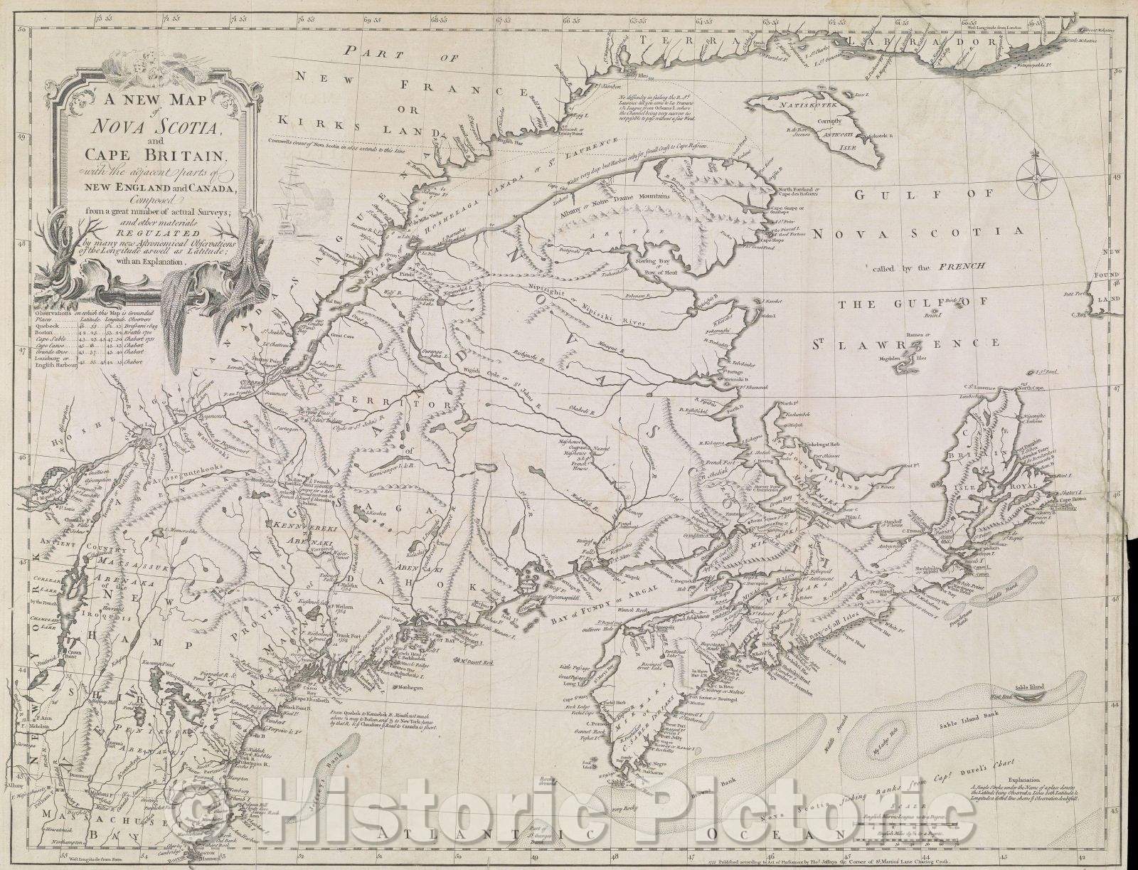 Historic Map : A New Map of Nova Scotia and Cape Britain. With adjacent parts of New England and Canada, Composed from a great number of actual surveys, 1755 , Vintage Wall Art