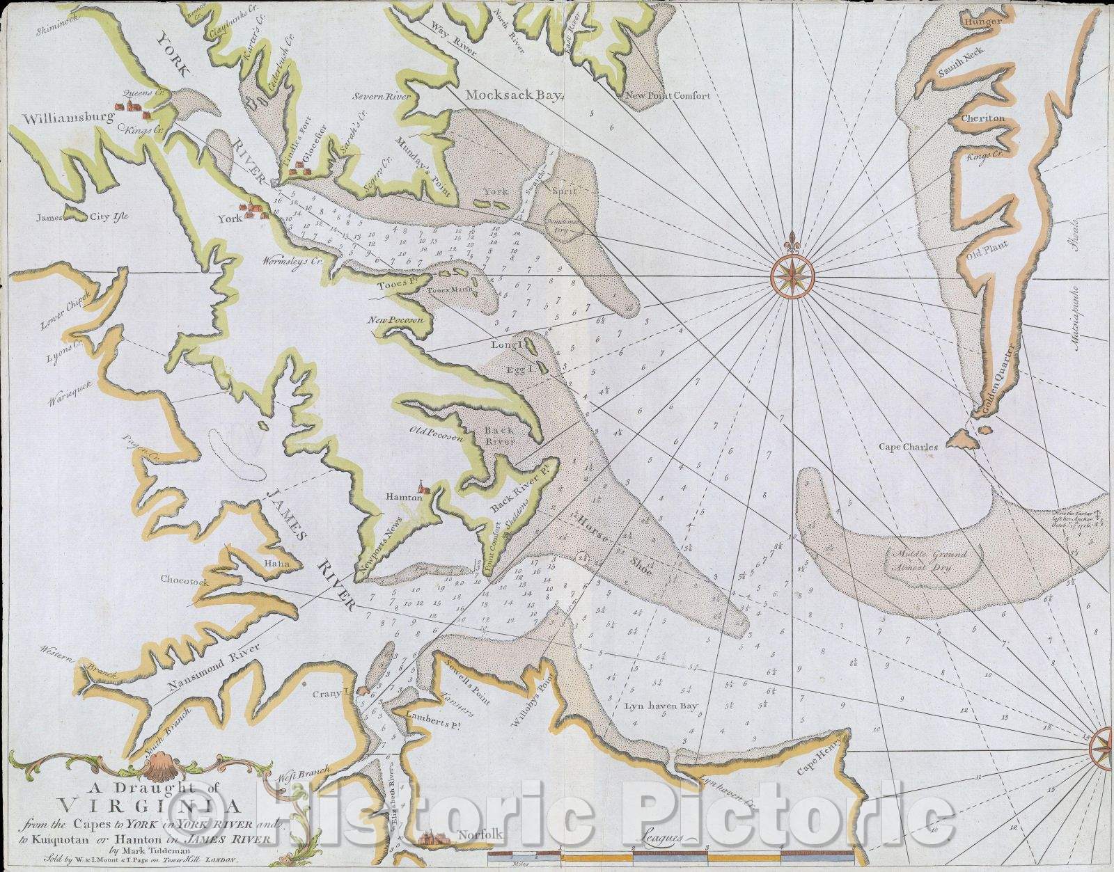 Historic Map : A Draught of Virginia from the Capes the York in York River and to Kuinquotan or Hamton in James River by Mark Tiddeman, 1755 , Vintage Wall Art