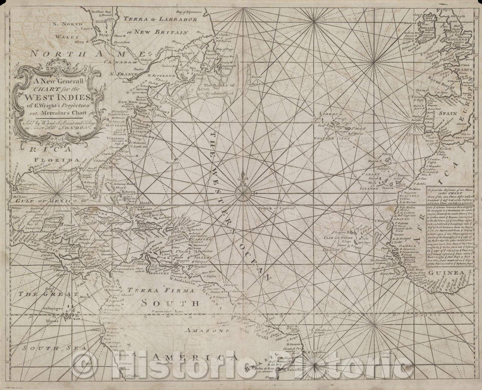 Historic Map : A New and Generall Chart for the West Indies of E. Wright's Projection vut Mercator's Chart. Sold by W. and I Mount and T. Page on Tower Hill, London., 1761 , Vintage Wall Art