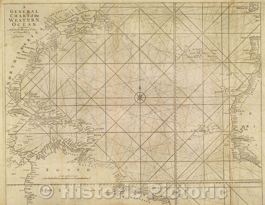 Historic Map : A General Chart of the Western Ocean. Sold by W. Mount and T.Page on Tower Hill, London., 1761 , Vintage Wall Art