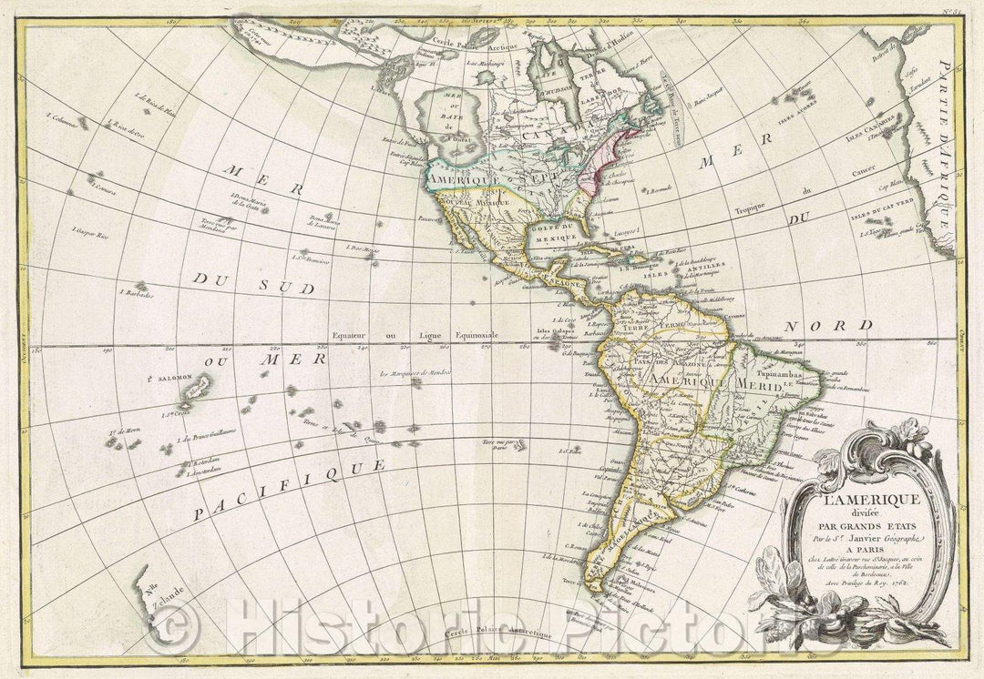 Historic Map : L'Amerique divisee pars Grands Etats. Par le Sr. Janvier Geographe a Paris chez Lattre Graveur rue St. Jacques au coin de celle de la Parcheminerie, 1762 , Vintage Wall Art