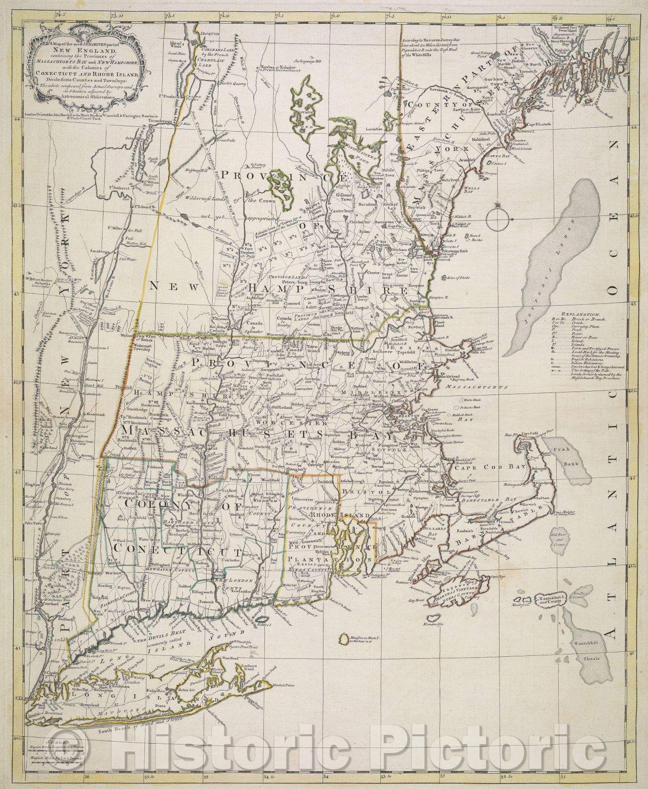 Historic Map : A Map of the most inhabited part of New England, containing the provinces of Massachusetts Bay and New Hampshire with the colonies of Conecticut, 1765 , Vintage Wall Art